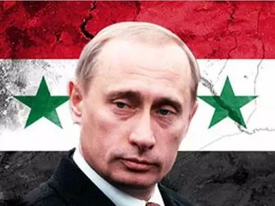 Путин на фоне сирийского (асадовского) флага. Фото: watchmen-news.com
